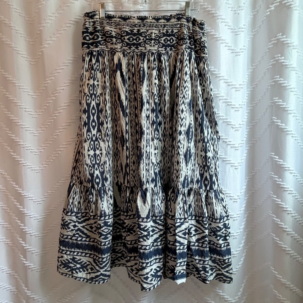 Gretty Zueger Navy Blue White Ikat Tribal Smocked Tiered Cotton Midi Skirt L